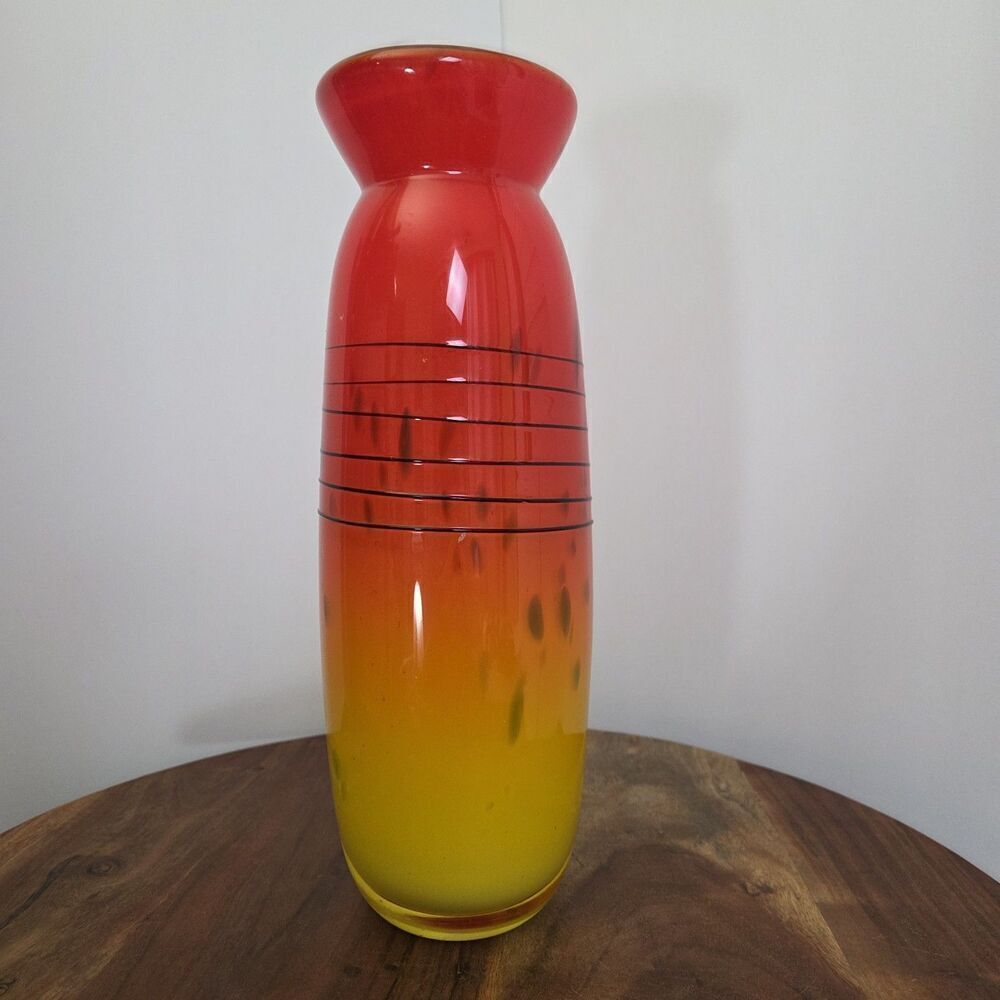 FIFTH AVENUE Crystal Art Glass Vase 12" Orange Yellow Red Black w White Interior
